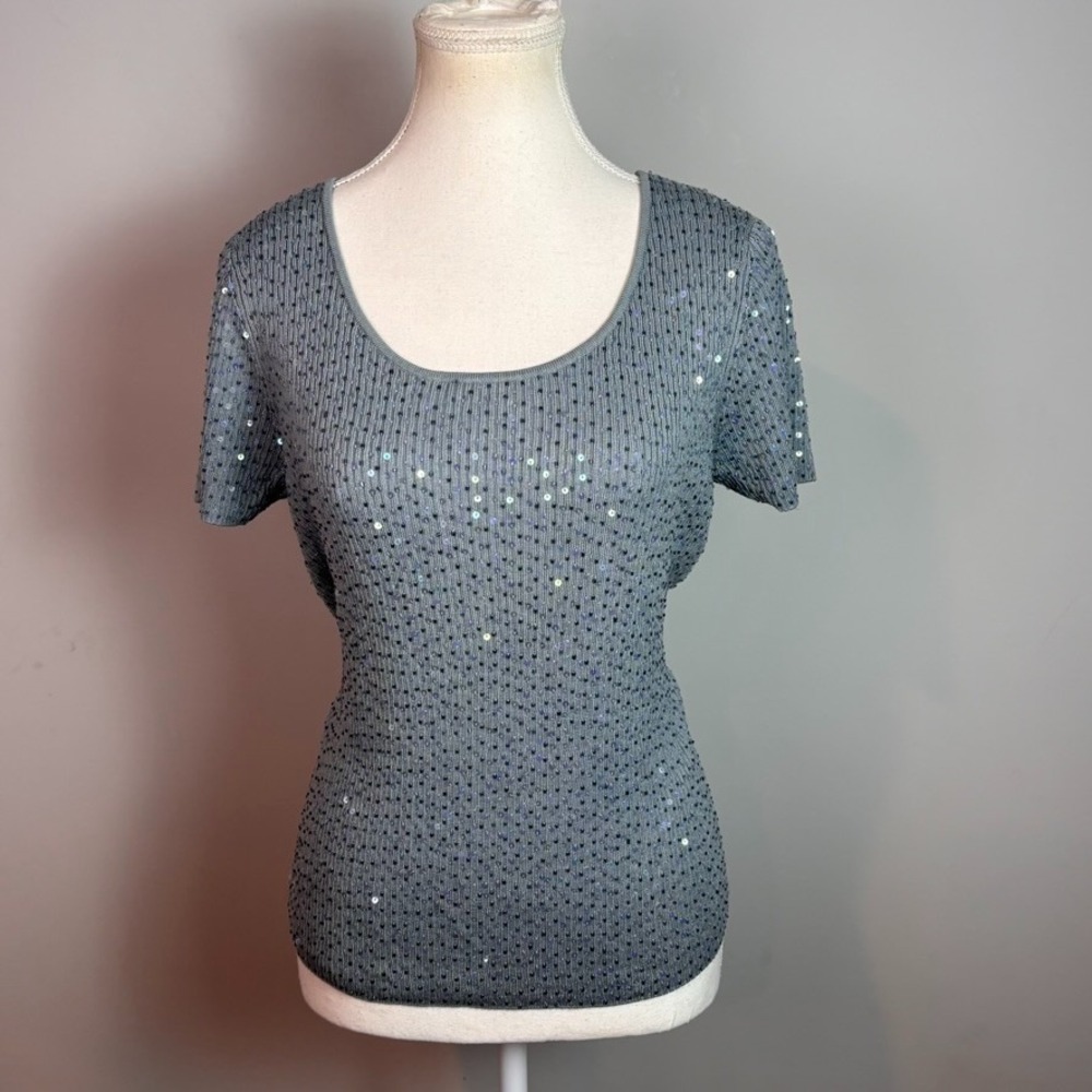 VTG Talbots Womens Sequin Short Sleeve Stretch Grey Blue Silk blend top sz Large